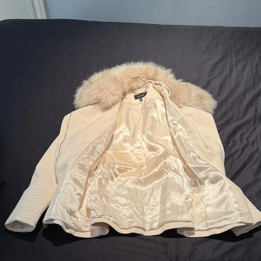 Karen Millen sz4 preowned no smoke home Cream Jacket w removable Faux Fur Collar - Picture 5 of 16